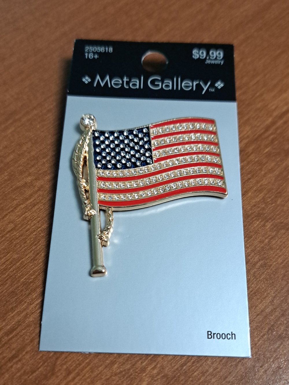 Gallery Gold-Tone American Flag Brooch with Red, Blue & Clear Rhinestones